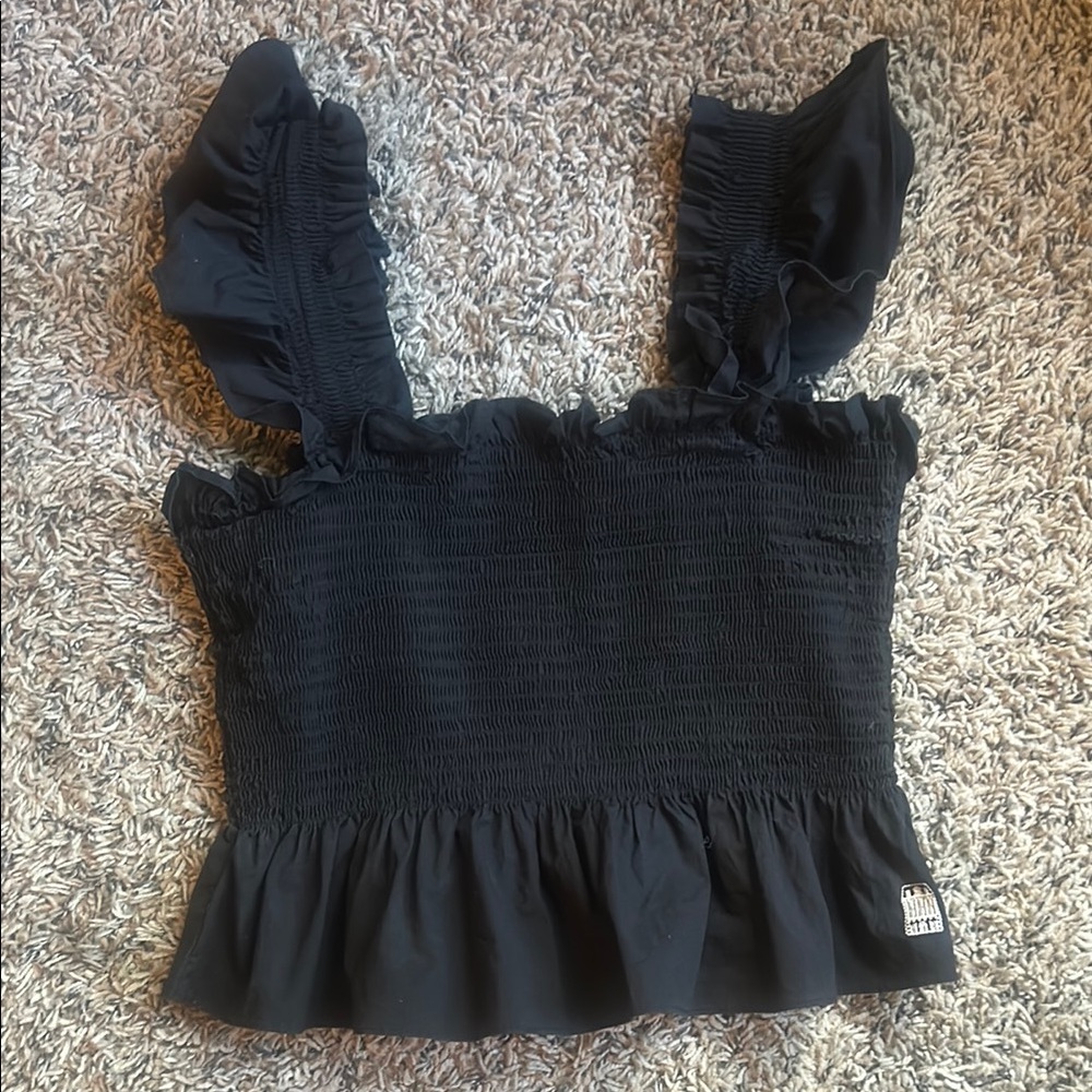 Hill House Black Smocked Ruffled Peplum Tank Top